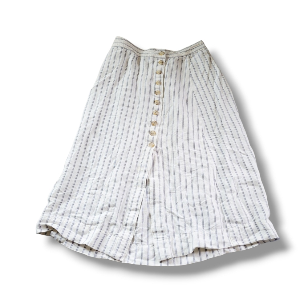 Madewell | Cute White Pinstripe Side Button A-Line Linen Blend Midi Skirt